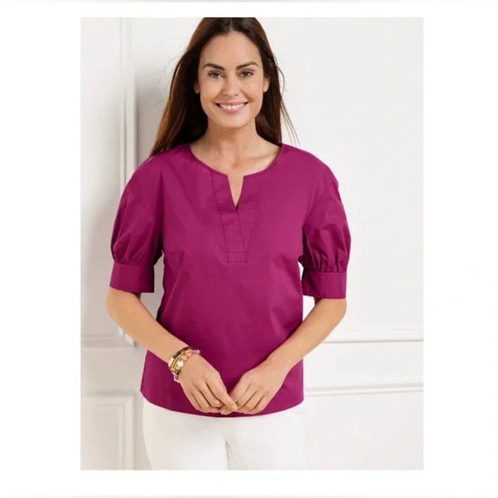 Talbots Magenta Elbow Sleeve Cotton Poplin Popover Size M